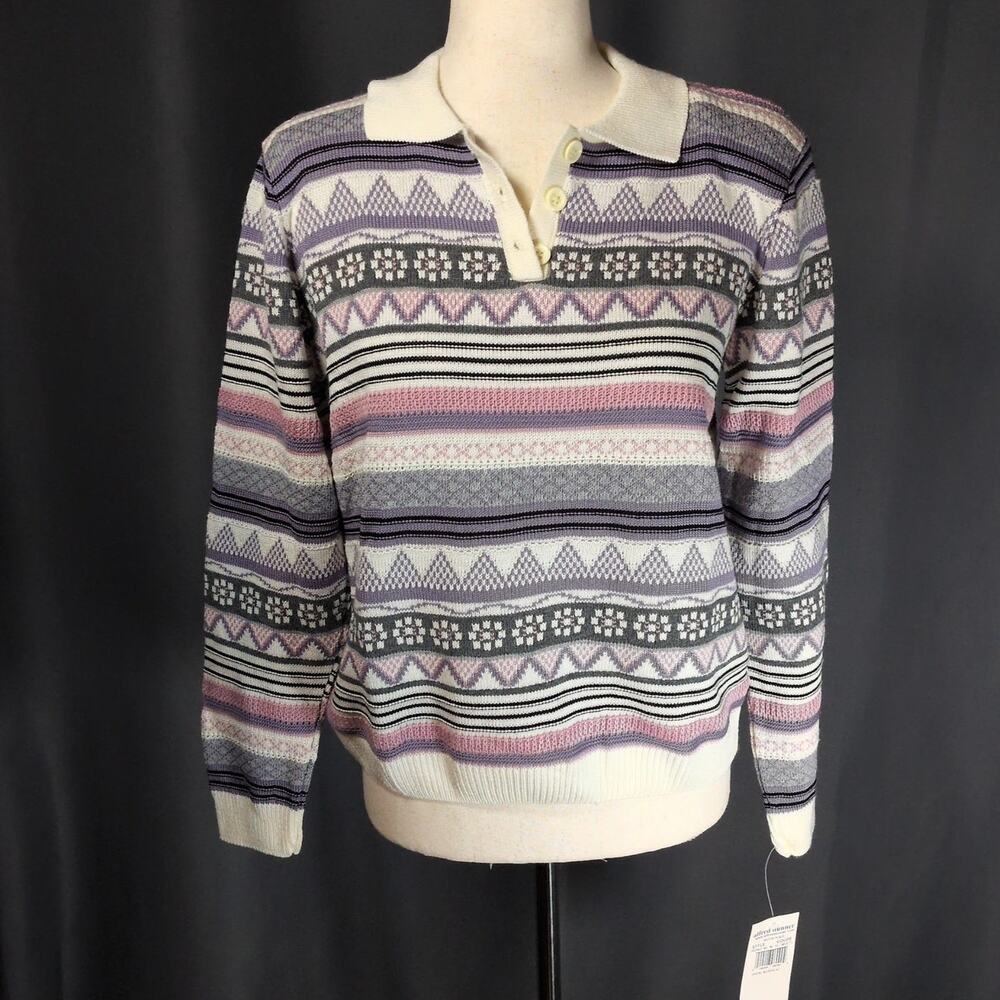 NWT VTG Alfred Dunner Knit Sweater Purple Pink Collared Pullover Petite Large